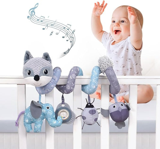 Jollybaby Baby Car Seat Stroller Toys, Plush Activity Hanging Spiral Activity Pram Crib with Music Box, Rattles, Squeaker for Babies Infant Boys Girls(Grey Fox)-CubbioJoy