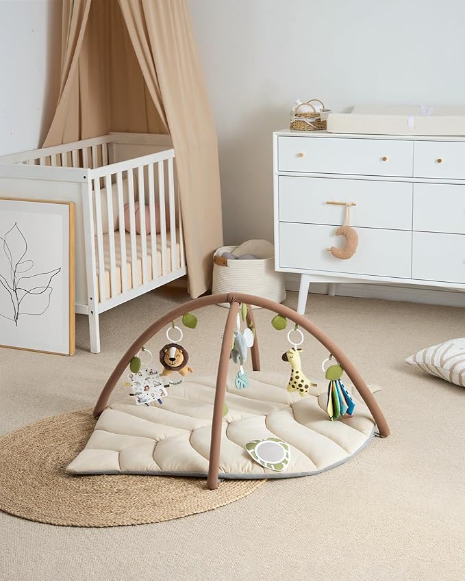 Blissful Diary Baby Play Gym & Activity Mat, Leaf Shaped Baby Tummy Time Play Mat with 6 Detachable Toys, Promotes Motor Skills & Sensory Development, Newborn Baby Essentials Gift, Oatmeal Beige-CubbioJoy
