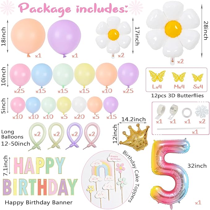 5th Birthday Decorations Girl, Slmeno Daisy Pastel Balloon Arch Kit 219Pcs, 5 Year Old Girl Pastel Rainbow Party Decorations, with Happy Birthday Banner, Cake Toppers, Gold Butterfly Decoration-CubbioJoy