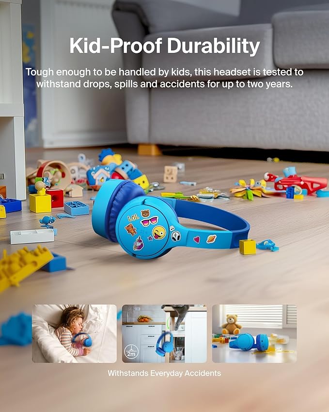 Belkin SoundForm Mini - Wireless Bluetooth Kids Headphones, 30H Battery, 85dB Safe Volume Limit, Built-in Microphone - Toddler On-Ear Earphones for iPhone, iPad, Fire Tablet, Ideal for School - Blue-CubbioJoy