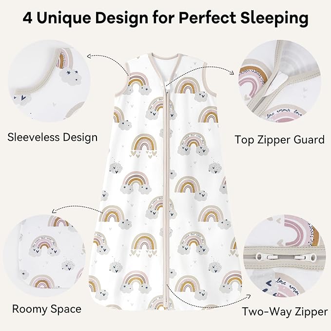 Baby Sleep Sack 12-18 Months 0.5 Tog Wearable Blanket Baby, 3 Pack 100% Cotton Lightweight Sleeping Sack with 2-Way Zipper for Infant Toddler Apricot White Sun Clouds-CubbioJoy