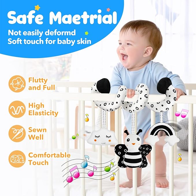 Car Seat Toys for Babies 0-6 Months,Hanging Rattle Toys for Crib Mobile, Baby Spiral Hanging Stroller Black and White High Contrast Toys for Newborn 0 3 6 9 12 Months Baby Boys Girls (Set-1)-CubbioJoy