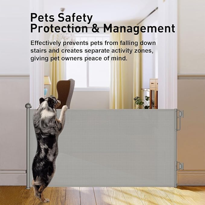 Cumbor 55" Wide Retractable Baby Gates for Doorways, Mom's Choice Award - Mesh Dog Gate for The House, One-Hand Opening Safety Child Gates for Stairs, Pet Puppy Fence Indoor & Outdoor, Gray-CubbioJoy