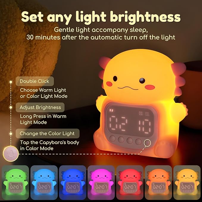 Axolotl Alarm Clock with Night Light for Kids, 7 RGB Color Cute Alarm Clocks for Bedrooms Ok to Wake Clocks, Silicone Animal Tabletop Lamp for Teen Girls Boys-CubbioJoy