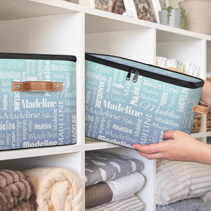 Custom Storage Basket with Name, Personalized Storage Bins with Zipper Lid, Foldable Fabric Storage Box Large capacity with Handle Green Blue Gradient-CubbioJoy