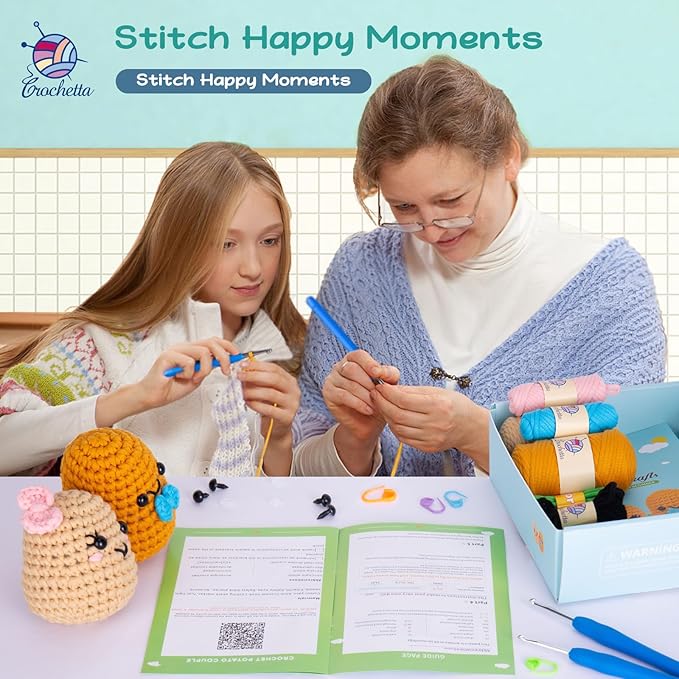 Crochetta Crochet Kit for Beginners, Learn to Crochet Kits for Adults Kids, Jumbo Potato Couple, Includes Yarn, Hooks, Stuffing, Pattern, Video Tutorials-CubbioJoy