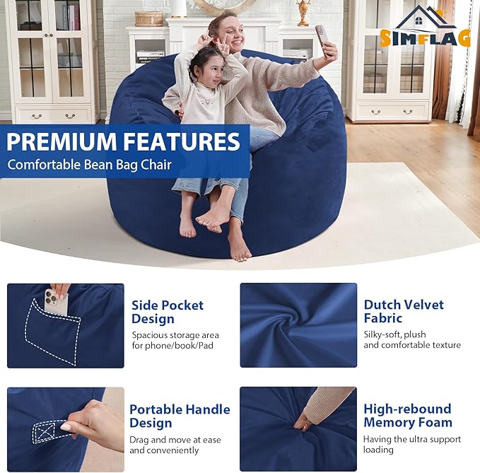 3FT Bean Bag Chair, Comfy Bean Bag Chairs with Memory Foam Filled, Fluffy Beanbag Sofa with Dutch Velvet Cover, Round BeanBag Chairs for Living Room, Playroom - Blue-CubbioJoy