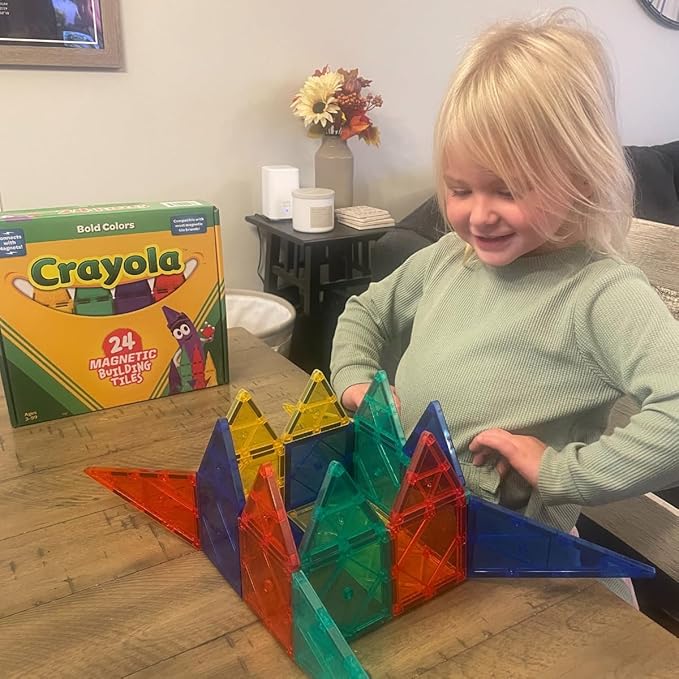CreateOn Crayola Bold Magnetic Tiles, Building Set for Kids, Magnetic Tiles, Kids’ Building Toys, STEM and Montessori Toys for Boys and Girls Ages 3+, 24-Piece Set (Bold)-CubbioJoy