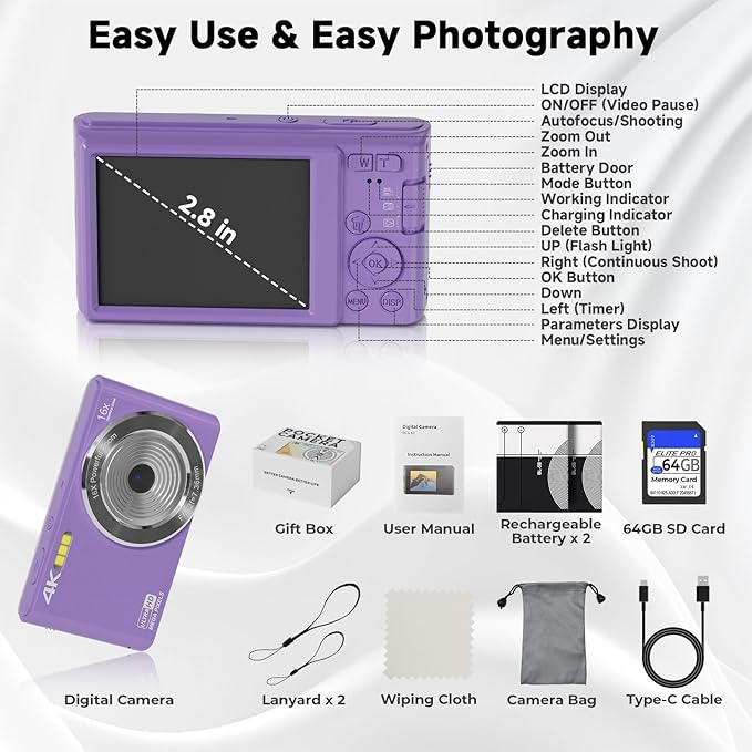 Digital Camera, FHD 4K 44MP Digital Camera, 16X Digital Zoom, Digital Point and Shoot Camera with 3-LED Fill Lights, 64GB SD Card, Compact Camera for Kids Teen Boys Girls, Purple-CubbioJoy