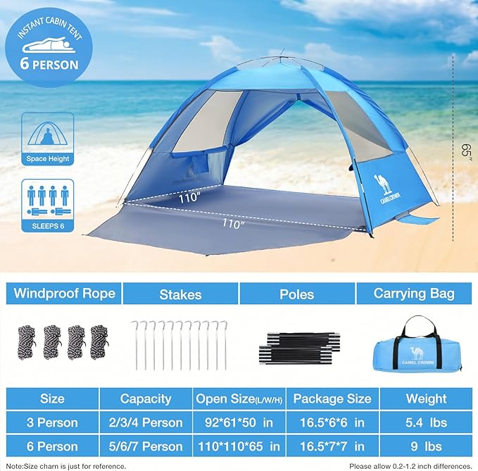 CAMEL CROWN Beach Tent UPF 50+ Sun Shelter for 2/3/5/6 Person, Lightweight Portable Sun Shade with Sand Anchor, Family Beach Day & Outdoor Adventures-CubbioJoy