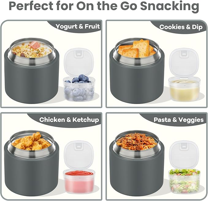 2-in-1 Insulated Food Jar & Snack Container - 15oz Kids Soup Thermos for Hot Food with Handle and Spoon, Leak Proof Reusable Toddler Snack Box, Perfect for School & Travel, Grey-CubbioJoy