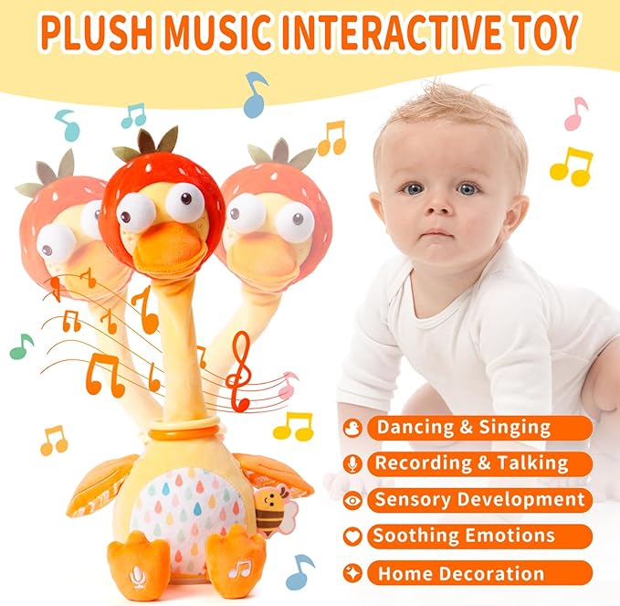 Jollybaby Plush Talking Singing Dancing Musical Strawberry Duck Toy for Toddlers 1-3 Just Like Cactus Toy, Music Mimicking Interactive Toys for Crawling Kids, Sensory Gift for Baby 0-6-12 Month-CubbioJoy