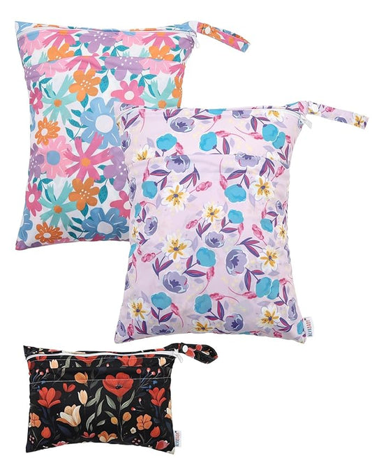 ALVABABY 3 Cloth Diaper Wet Dry Bags Waterproof Reusable with Two Zippered Pockets Travel Beach Pool Daycare Soiled Baby Items Yoga Gym Bag for Swimsuits or Wet Clothes Small medium Large 3L-SML07-CubbioJoy