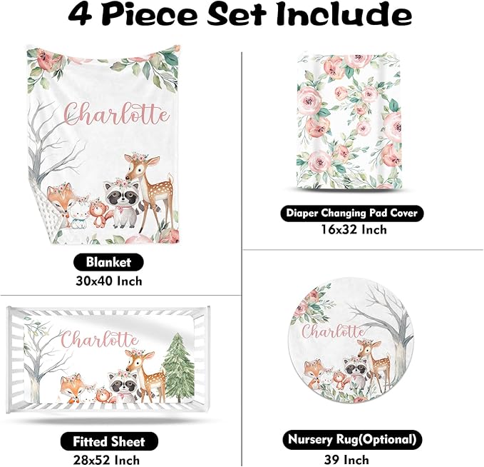 Custom Nursery Crib Bedding Set: Personalized Name 4 Piece Sika Deer & Fox Pattern Baby Crib Sets for Girls - Toddler Double Layer Blanket Set, Comfortable Crib Bed Sheets for Baby Toddlers-CubbioJoy