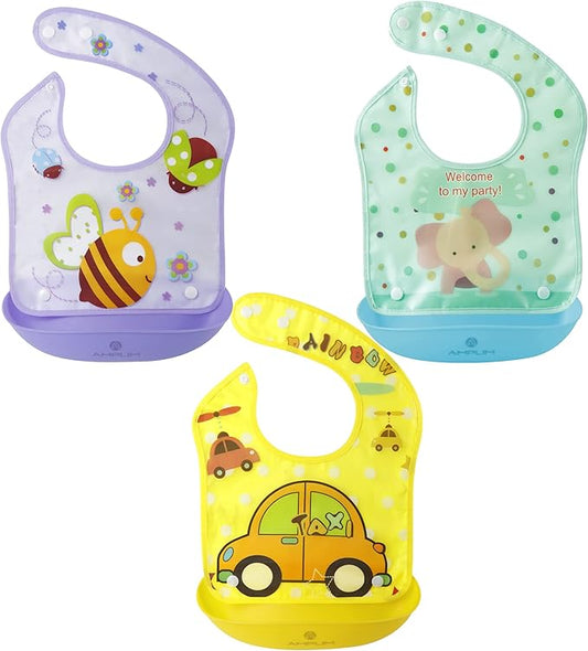 Amplim Baby Feeding Bib (3-Pack) Toddler/Baby Bibs for Eating. Waterproof, Adjustable, Lightweight. Eco-friendly PEVA material. BPA, Lead, Phthalate, Cadmium free-CubbioJoy