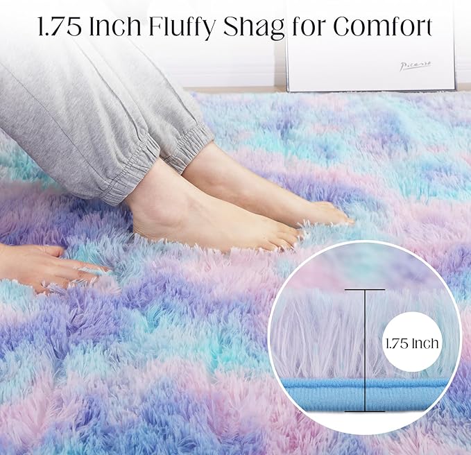 4x5.8 Rainbow Rug for Girls Room, Fluffy Area Rugs for Bedroom, Colorful Kids Rug Cute Anti-Skid Indoor Carpet for Nursery, Living Room, Playroom, Home Decor-CubbioJoy