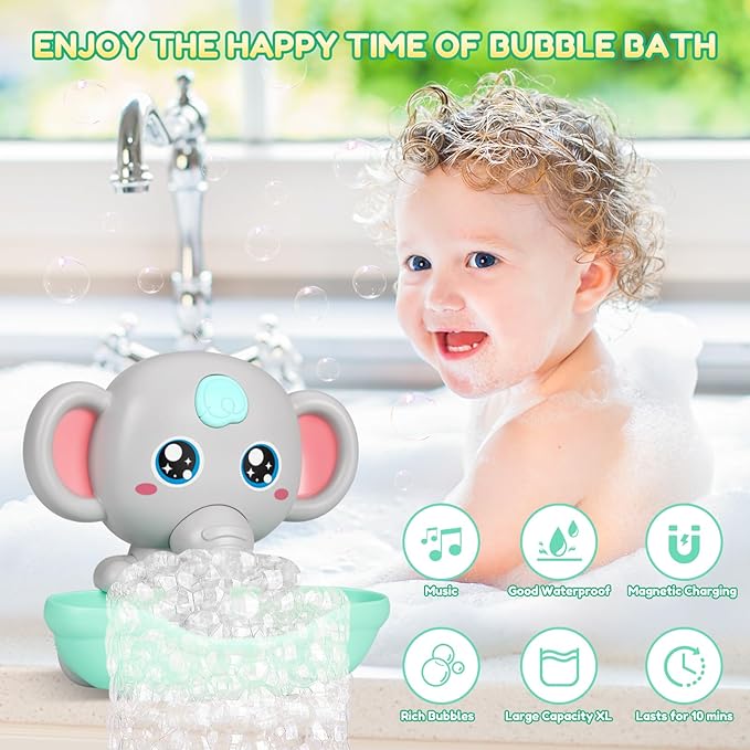 Baby Bath Toys, Magnetic Charging Music Bath Bubble Machine, Elephant Bubble Maker for Kids Ages 1-3 4-8, Toddler Bathtub Toy Gift for Boys and Girls (Grey)-CubbioJoy