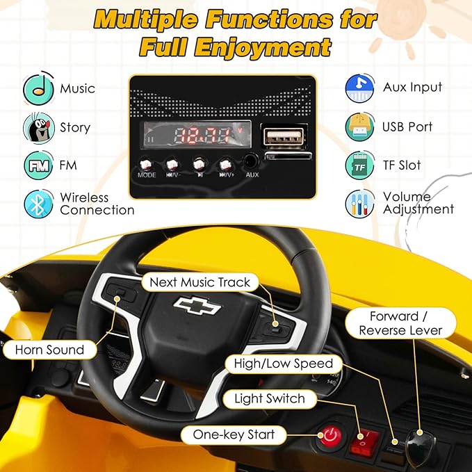 Costzon Ride on Car, 12V Licensed Chevrolet Tahoe Battery Powered Electric Vehicle w/ 2.4G Remote Control, High/Low Speed, Music, Lights, MP3/USB/FM, Spring Suspension, Electric SUV for Kids (Yellow)-CubbioJoy