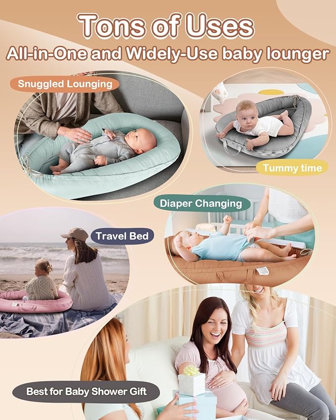 Baby Lounger - Infant Lounger for Newborn 0-24 Months, Pure Cotton Breathable Baby Nest Lounger Cover, Newborn Essentials for Baby Boys & Girls, Co Sleeper Portable Baby Bed for Home and Travel-CubbioJoy
