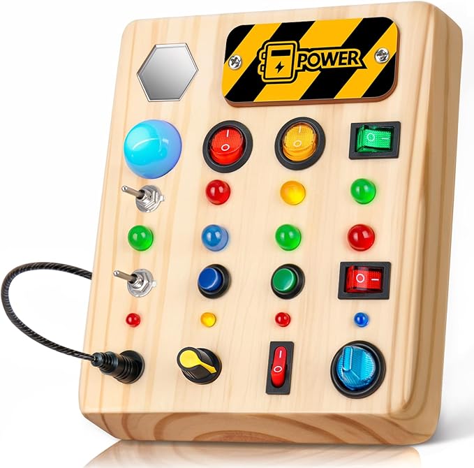 Busy Board Montessori Toys for Toddler, Wooden Sensory Board Switch Toy with Shape Sorter LED Light Up Toys Educational Plane Travel Activity for Girls & Boys-CubbioJoy