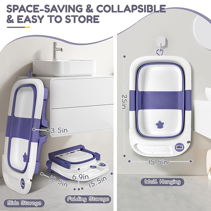 Collapsible Baby Bathtub,Baby Bath Tub with Thermometer & Soft Cushion,Baby Bathtub for Newborn to Toddler 0-36 Months,Portable Travel Baby Tub with No-Slip Feet,Baby Shower Gifts,Lavender-CubbioJoy