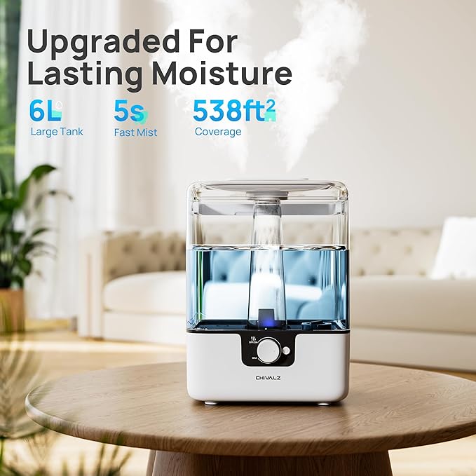 CHIVALZ 6L Humidifiers for Bedroom Large Room Home, Cool Mist Top Fill Humidifiers for Baby Nursery and Plants, 26dB Quiet, Nightlight, Up to 50 Hours, Oil Diffuser 1 Pack + 2 Mist Outlets White-CubbioJoy
