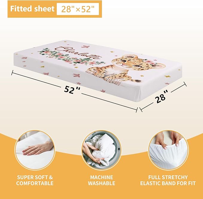 Custom Baby Crib Bedding Set, 5 Pcs Personalized Name Baby Crib Sets for Infant Toddler, Floral Leopard Nursery Bedding Set for Baby Girls, Double Layer Baby Bedding Sets Customized Gifts-CubbioJoy