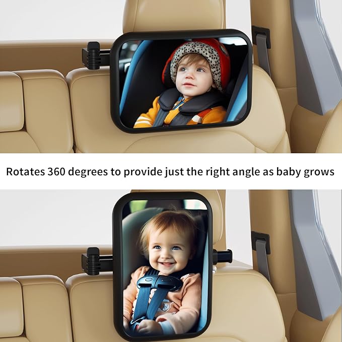 Baby Car Mirror Rear Facing, Safety Adjustable Car Seat Mirror for Baby Extendable Camera Monitor with Hook Clip Design Clear View ShatterProof + 2 Baby on Board Stickers,2 Seat Headrest Hook-CubbioJoy