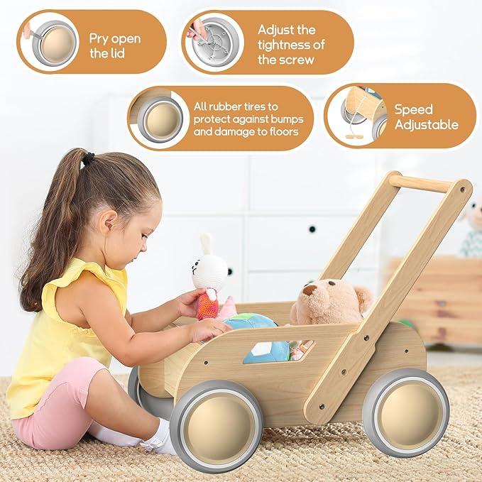 2025 HOMEKOL Wooden Baby Walker, Baby Walker, Adjustable Speed for Boys and Girls, Baby Activity Center, Birthday, Christmas and New Year's Gift, Log Color-CubbioJoy