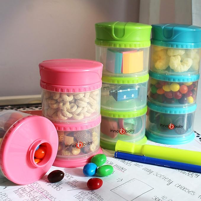 Innobaby Packin' Smart Stackable and Portable Storage System for Formula, Liquid, Baby Snacks and More. 3 Stackable Cups in White. BPA Free.-CubbioJoy