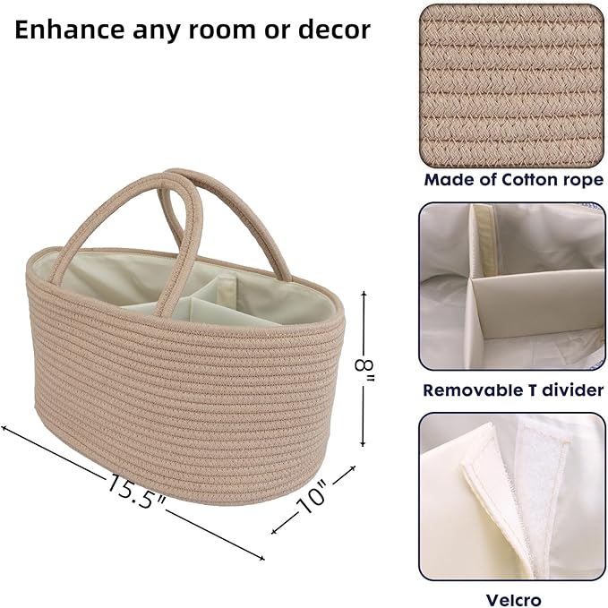 Diaper Caddy Organizer Cotton Rope Baby Basket Nursery Storage and Portable Tote Bag for Car Ideal Baby Shower Gifts and Registry Must-Have for Newborn Essentials Large konjak-CubbioJoy