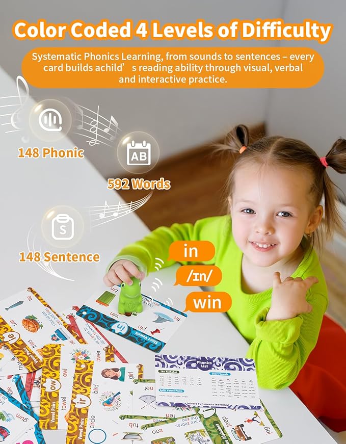 Interactive Dinosaur Talking Pen for Kids – Montessori Reading Toy with Phonics Flash Cards for Toddlers Ages 1-6, Speech Therapy & Autism Sensory Gift (Green, Phonics)-CubbioJoy