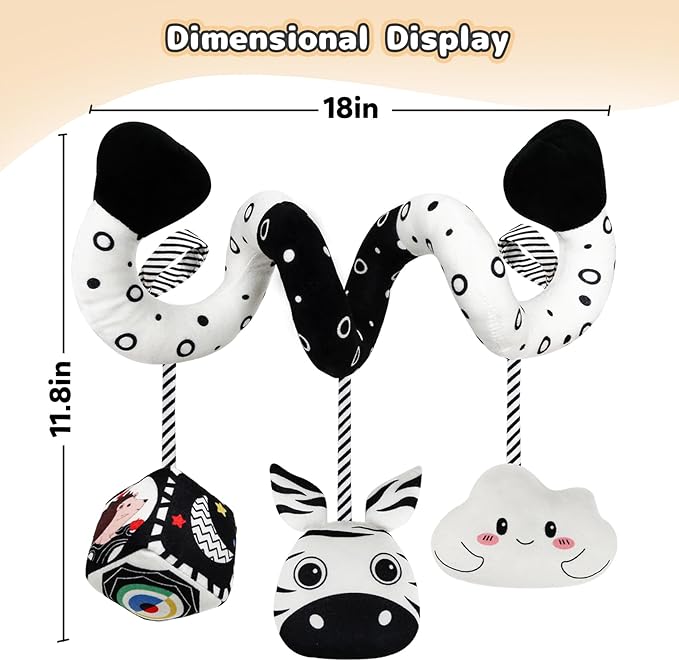 Car Seat Toys for Babies 0-6 Months,Hanging Rattle Toys for Crib Mobile, Baby Spiral Hanging Stroller Black and White High Contrast Toys for Newborn 0 3 6 9 12 Months Baby Boys Girls (Zebra)-CubbioJoy