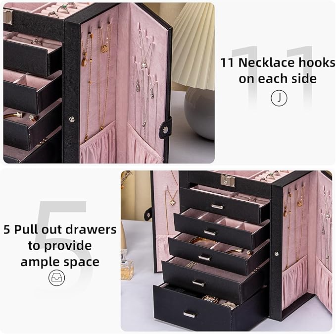 6 Tier Jewelry Box, Jewelry Case with 5 Drawers, Large Storage Capacity, with Mirror, Lockable, Jewelry Storage Organizer, Gift for Loved Ones-CubbioJoy