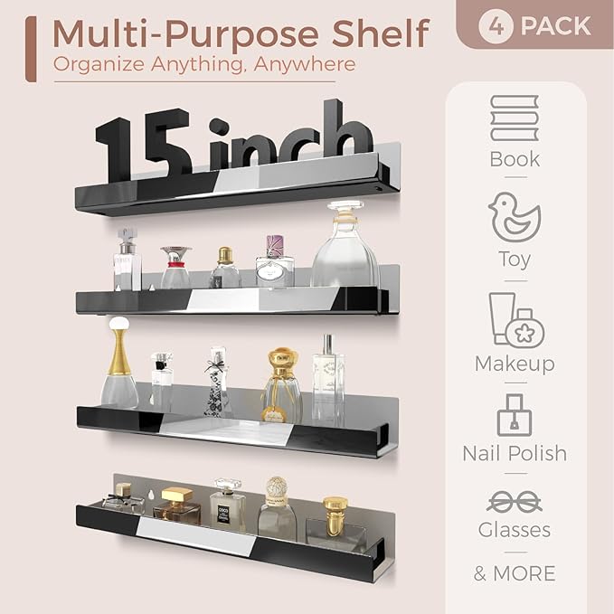 4 Pack 15 Inch Black Reflective Acrylic Shelves, Black Floating Shelves, Modern Sunglasses Essential Oil Picture Ledge Display Toy Storage Shelf-CubbioJoy