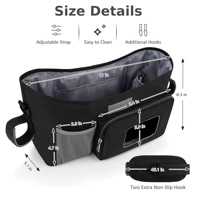 Accmor Universal Stroller Organizer with Insulated Cup Holder, Stroller Caddy Bag Accessories, Stroller Cup Holder Organizer for Uppababy Baby Jogger Britax Stroller, Black-CubbioJoy