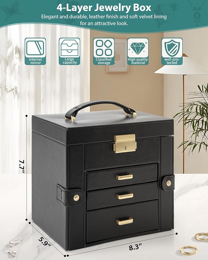 AKOZLIN 4-Tier Jewelry Box Leather Jewelry Storage Organizer with 3 Drawers Lockable for Women Girls Ring Necklace Earring Bracelet Holder with Mirror Black-CubbioJoy