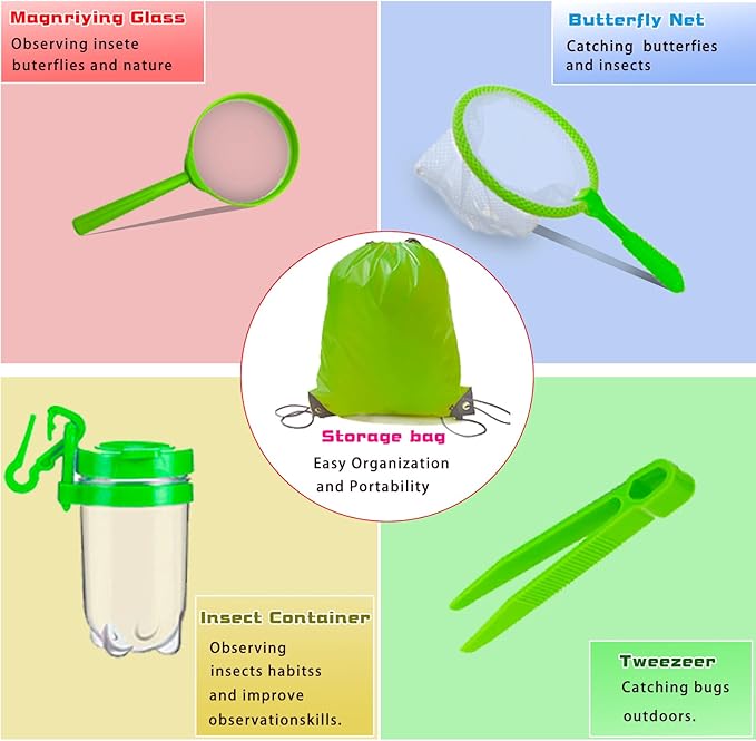 Bug Catcher for Kids - Outdoor Insect Catching Kit with Butterfly Net, Bug Box, and Storage Bag - Non-Toxic Educational Toys for Nature Exploration, for Boys & Girls Ages 3-12-CubbioJoy