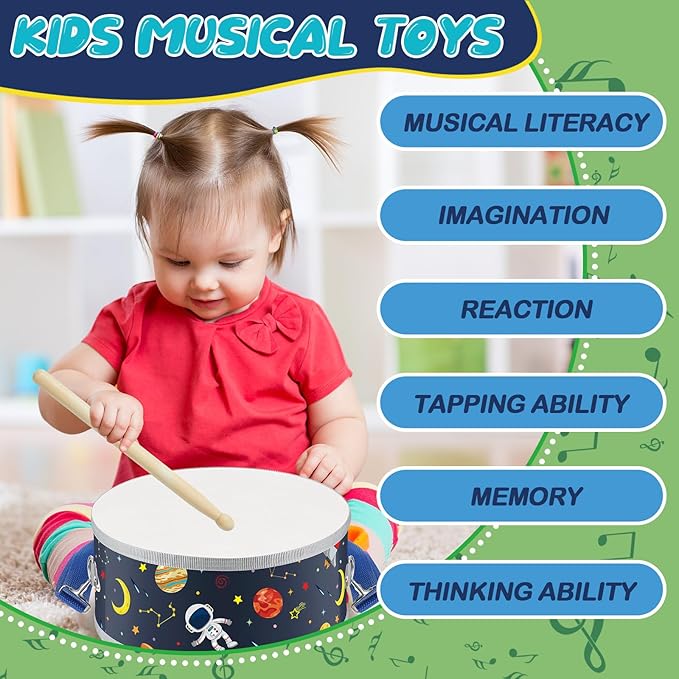 Boao 1 Pc Kids Drum Set, 8 Inch Toddler Drum Wooden Toy with Adjustable Strap and 4 Drumsticks, Educational Sensory Musical Instrument for Toddlers Kid Baby Boys Girls Gift (Dinosaur)-CubbioJoy
