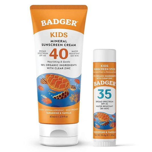 Badger Kids Mineral Sunscreen Combo, SPF 40 Cream + SPF 35 Kids Face Stick, Organic Sunscreens w/Mineral Zinc Oxide, Water Resistant, Reef Safe Broad Spectrum, Tangerine & Vanilla Scent, 2-Count-CubbioJoy