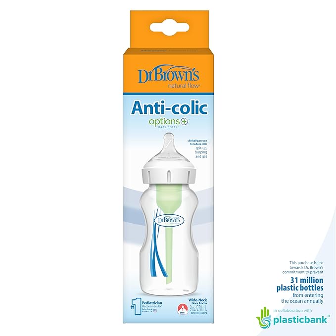 Dr. Brown's Natural Flow Anti-Colic Options+Wide-Neck Baby Bottle,9 oz/270 mL,Level 1 Nipple,1-Pack,0m+-CubbioJoy