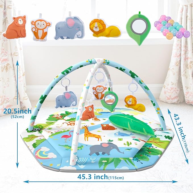 Baby Gym Play Mat, 8-in-1 Tummy Time Mat & Activity Gym Mat Ball Pit with Detachable Toys, Washable Infant Play Mat for Visual, Hearing, Sensory, Motor Development, Newborn Baby Toys Gift for Toddler 0-3-6-9-12 Months Easy to Install-CubbioJoy