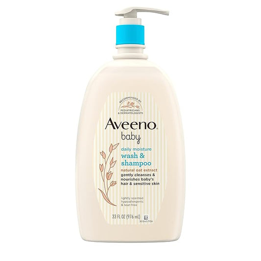 Aveeno Baby Daily Moisture Body Wash & Shampoo with Natural Oat Extract, Hypoallergenic, Tear-Free, Paraben-Free, pH-Balanced Formula For Sensitive Hair & Skin, 33 fl oz-CubbioJoy