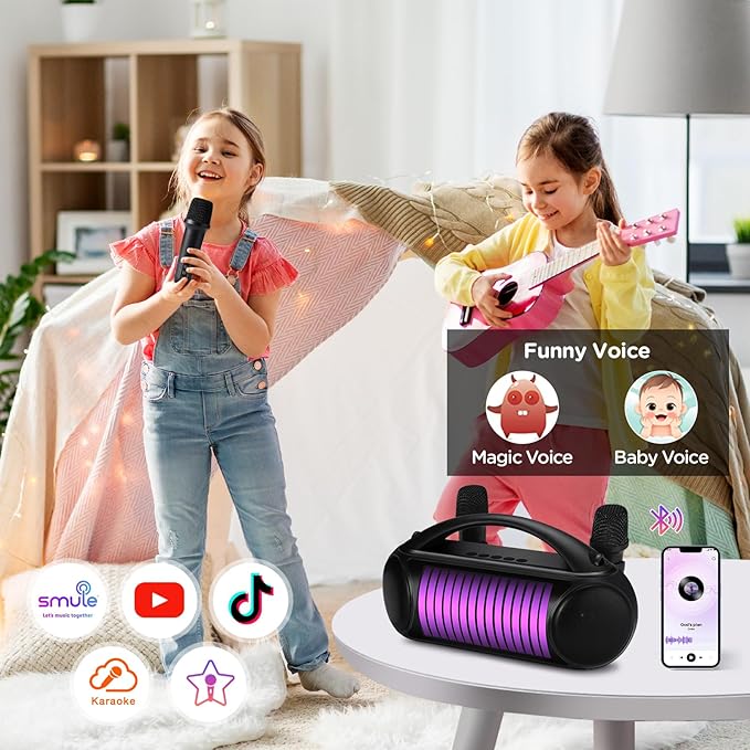 Karaoke Machine Portable Bluetooth Speaker with 2 Wireless Microphones Rechargeable Karaoke Machine for Kid and Adult Party PA Speaker Multiple LED Light Mode Support TWS/Radio/AUX/REC-CubbioJoy