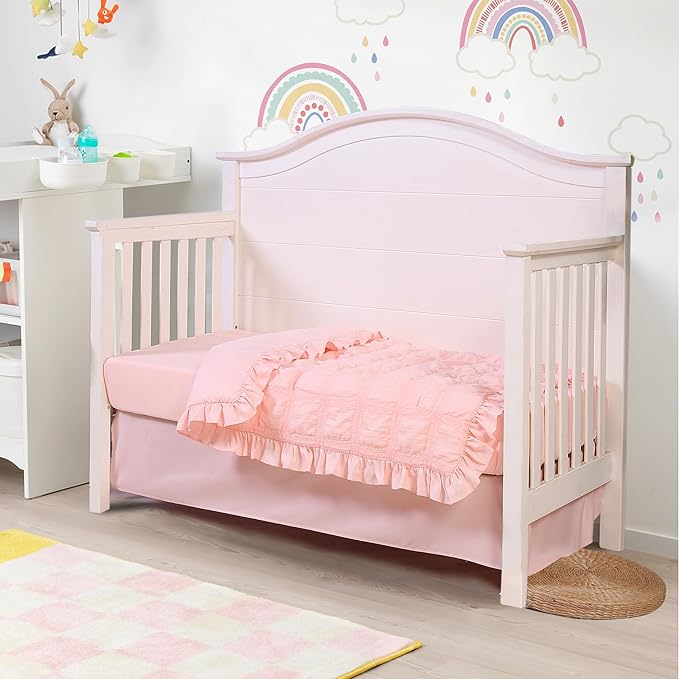 Cloele 3 Pieces Crib Bedding Set for Girls,Standard Size Pink Ruffled Nursery Crib Baby Bedding Set Includes Comforter Fitted Sheet Crib Skirt -Girls Solid Seersucker Ruffle Quilt-CubbioJoy