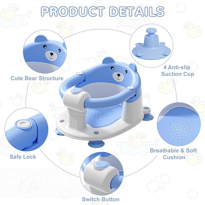Baby Bath Seat for Babies 6 Months & up, Non-Slip Toddler Bath Seats for Babies Sitting Up, Safe Infant & Newborn Bathtub Chair with 4 Suction Cups & Soft Cushion for Shower,Blue-CubbioJoy