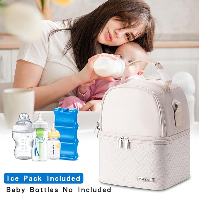 Breastmilk Cooler Bag with Ice Pack Fits 6 Baby Bottles up to 9 Ounce, Breast Milk Pump Cooler Bag with Shoulder Strap for Nursing Mom Daycare, Work, Travel- Cream-CubbioJoy