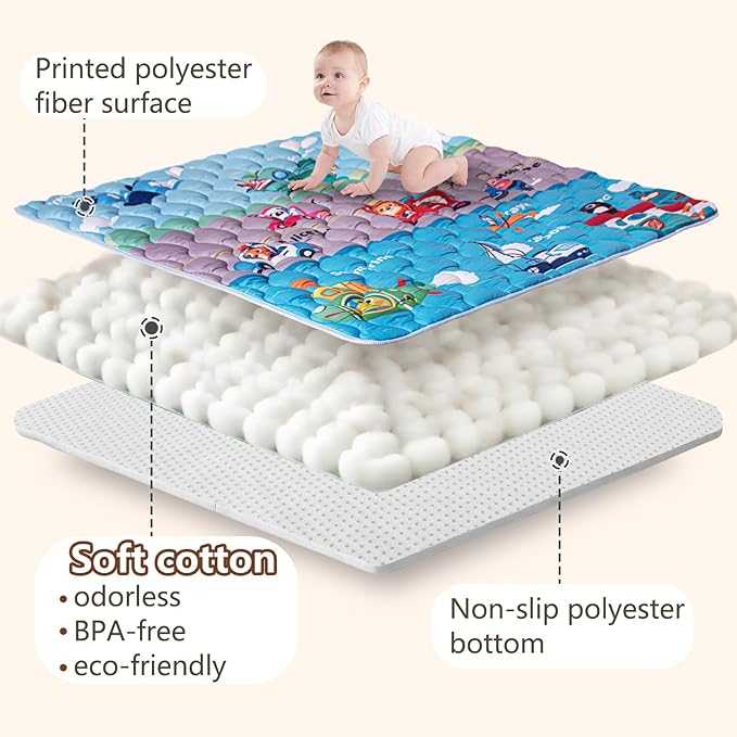 Baby Play Mat, 50x50 Playpen Mat with Super Soft Touch, Activity Mat with Upgraded Anti-Slip Bottom, Machine Washable Crawling Mat for Floor & Picnic (Vehicles)-CubbioJoy