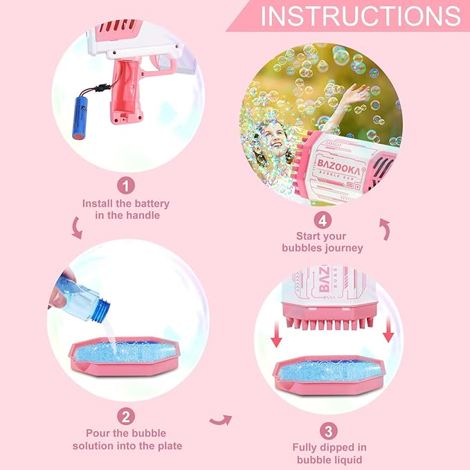 Bubble Gun, Bazooka Bubble Machine Gun, Bubble Blaster Gun with Bubble Solution, 69 Holes Bubble Bazooka Gun Outdoor Summer Toy Party Favors for Kids Pink Bubble Maker Blowers-CubbioJoy