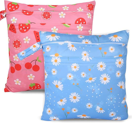 2pcs Cloth Diaper Wet Dry Bags, Waterproof Reusable Wet Bag with 2 Zipper Pockets & Handle, Washable Laundry Bags for Baby Adult Clothes Travel Beach Pool Daycare Yoga Gym Exercise Swimsuits,-CubbioJoy